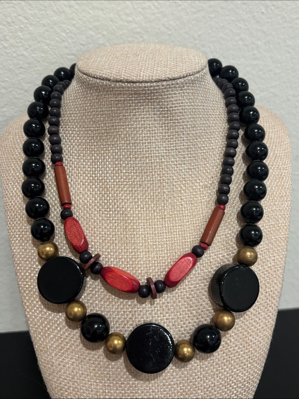Vintage Lot of 2 - Chunky Strand Statement Necklaces Black Red Gold Beaded